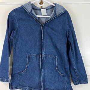 Vintage CHIC Womans Hoodie Small - Blue Denim Full Zip-up - 90s Jacket w/Pockets